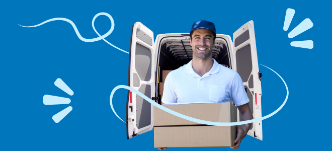 Van Mese Business uomo sorridente che tiene una scatola fra le mani