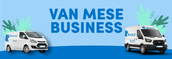 Tre furgoni su uno sfondo stilizzato con scritta VAN MESE BUSINESS"